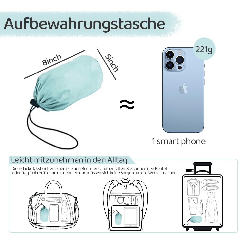 PONCEAU Damen Regenjacke Wasserdicht & Atmungsaktiv, Leichter Fahrrad Windbreaker mit Kapuze, Faltbare Übergangsjacke/Softshelljacke für Wandern, Reisen