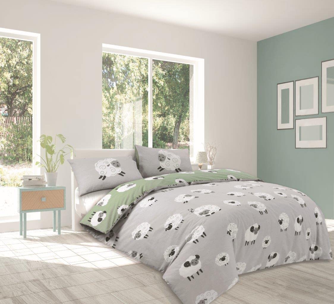 Charlotte Andersen Grey Fluffy Sheep Double Duvet Cover Set Reversible Polycotton Bedding (, Double)