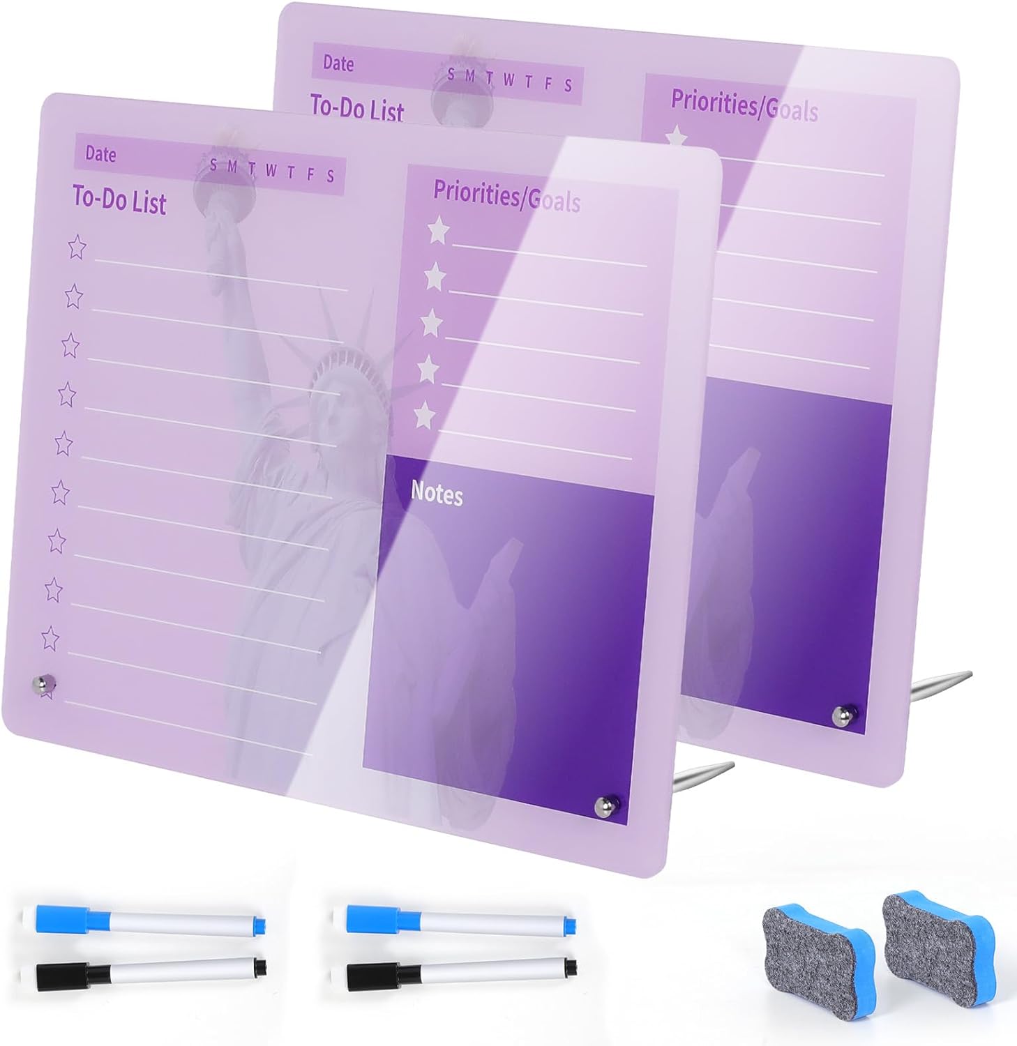 LeMotech Desktop Acrylic Dry Erase Board, 12x10 inches to-Do List Planner, Tabletop Whiteboard with Stand Office Supplies Includes 2 Markers & 1 Eraser, Purple Statue of Liberty Pattern, 2 Pack