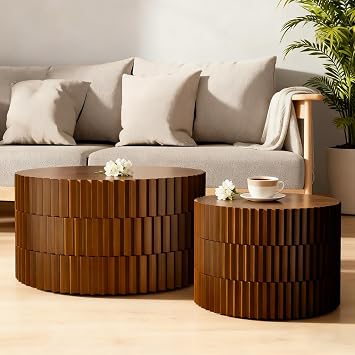 Round Nesting Coffee Table Set of 2 for Living Room, Modern Fluted Coffee Tables and End Table Sets Drum Circle Side Tables for Small Spaces Bedroom Balcony Office No Assembly Required,Brown
