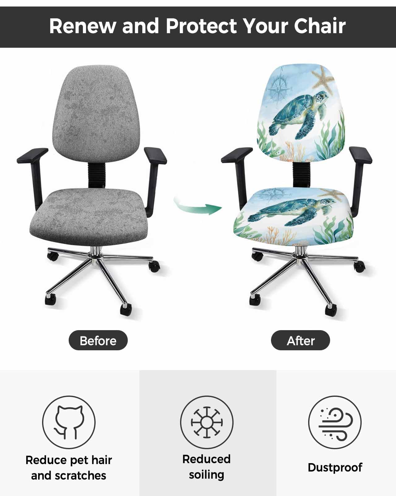 Coastal Turtle 2 Pieces Computer Office Chair Covers Set,Stretchable Desk Rotating Chair Seat Cushion Slipcover Back Covers,Beach Nautical Coral Starfish Shells Slipcover Back Cover,Protectors Cover