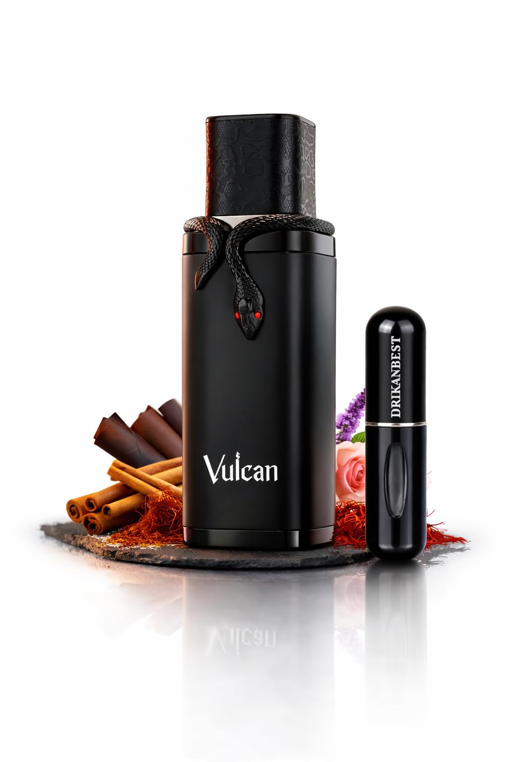 VULCAN Black Edition EXTRAIT Perfume Hombre 100ml – Fragancia Cuero con Azafrán, Canela y Almizcle – Aroma Intenso, Elegante y Duradero + Atomizador Drikanbest de Regalo