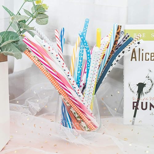 Miniatura 10 de SUBANG Paquete de 50 popotes reutilizables, sin BPA, 9 pulgadas de plástico duro colorido a rayas para vasos de tarro de masón, uso familiar o de