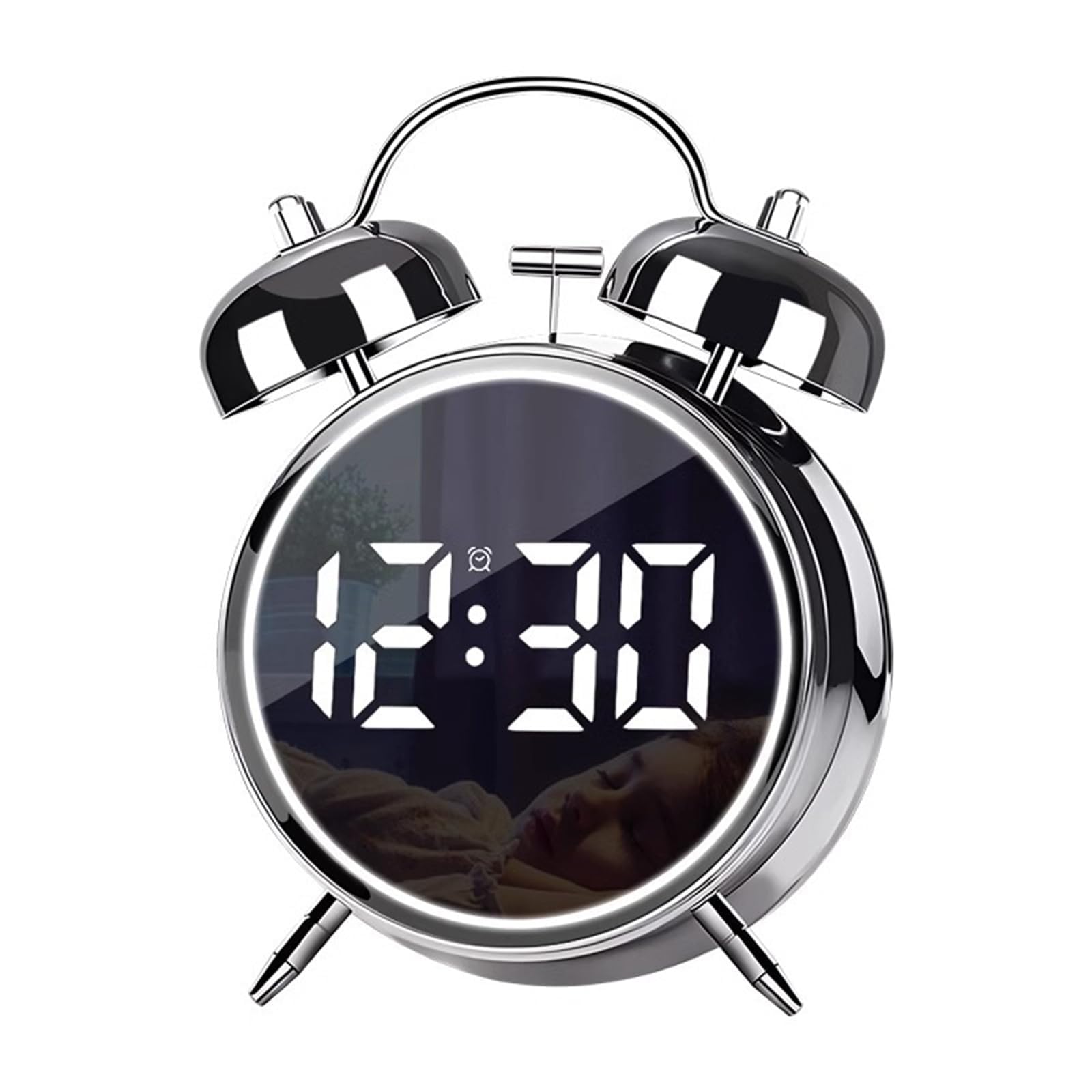 AVEKIDigital Small Alarm Clock, 4.5 Inch Double Bell Electronic LED Alarm Clock, Plug in or Battery Operated Silent Metal Alarm Clock, Bedside Loud Alarm Clock for Heavy Sleepers Adults Kids (Silver)