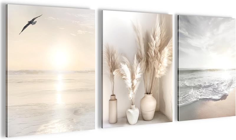 Novart Wandbilder Set Strand Meer Boho - KOMPLETT AUFHÄNGFERTIG - Wohnzimmer Schlafzimmer Flur Deko - 3 Moderne Bilder Beige - N029435a