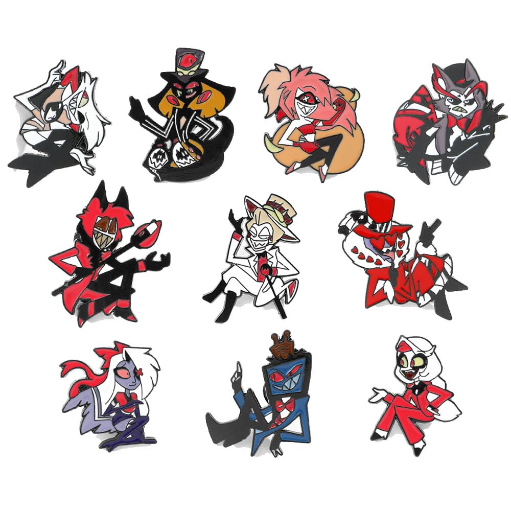 Hazbins Alastor Hotel Figure Badge 10 Pcs, Vaggie Hust Angel Dust Brooch, Cartoon Metal Badge, Angel Dust Cosplay Backpack Decorations
