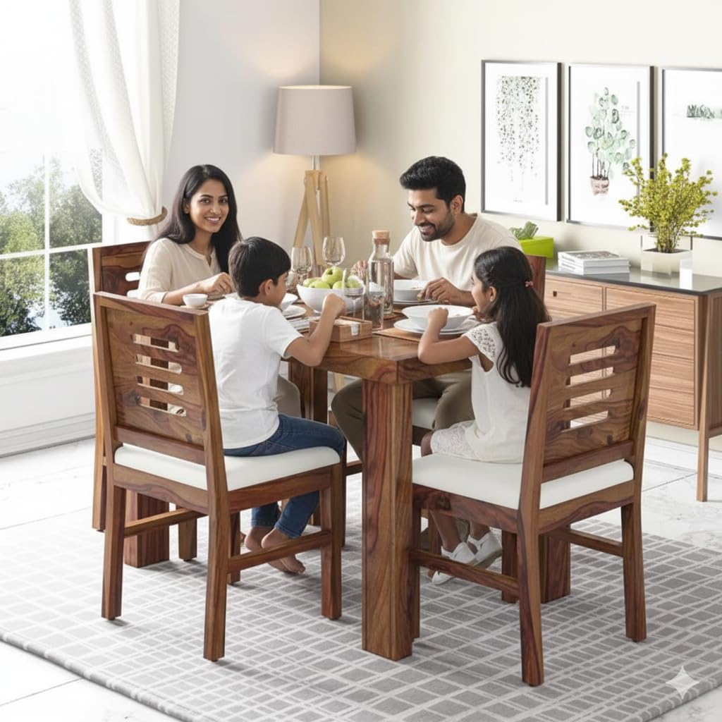 Dining Table Set of 4, Wood 4 Seater Dining Table with Chair | Wooden Dining Table 4 Seater for Living Room || Folding Dining Table || Dining Room Furniture || 4 Seater Honey Finish-image-34