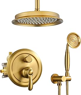 Antique Shower Faucet-Sets Complete: Ceiling Mount Rain Shower System, 9 inch Rainfall Head and Handheld Spray, 2 Way Diverter Brass Rough in Valve with Trim Kit, Brushed Gold