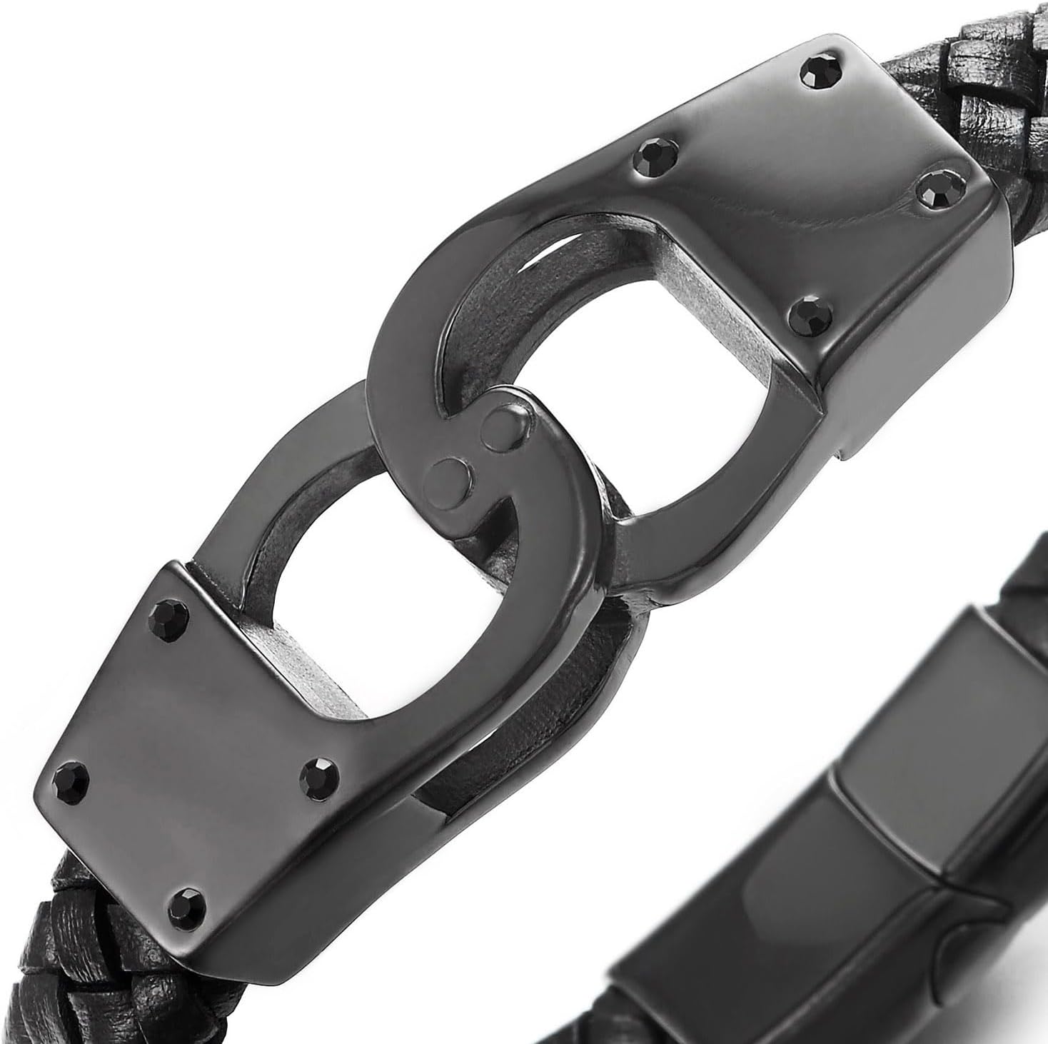 COOLSTEELANDBEYOND Mens Braided Leather Bangle Bracelet, Stainless Steel Handcuffs Centerpiece, Edgy Style