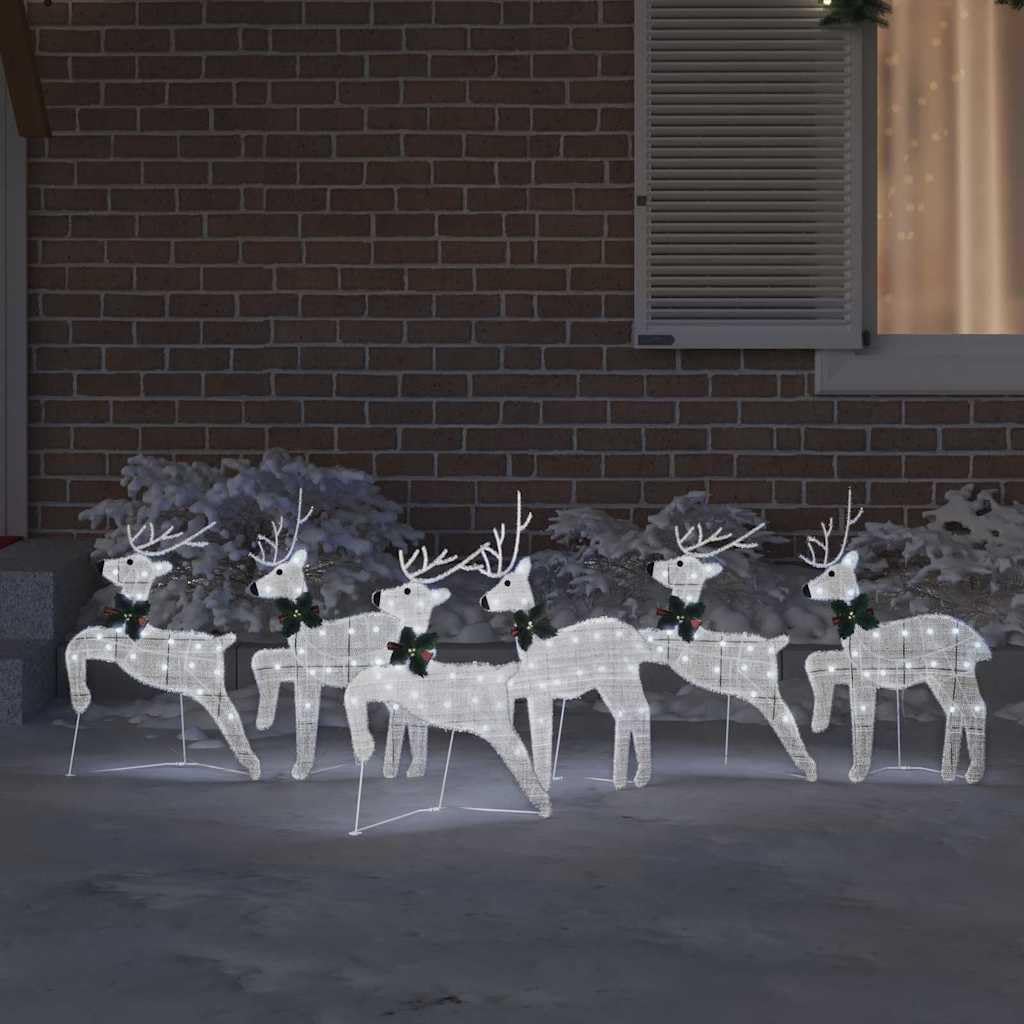 LED Rentiere Silber Stoff Weihnachtsdekoration 6-teilig mit USB-Betrieb, Innen und Außen, 45 x 19 x 65 cm, festliche Art-Déco Figuren für Wohnzimmer, Garten, Advent und Heiligabend