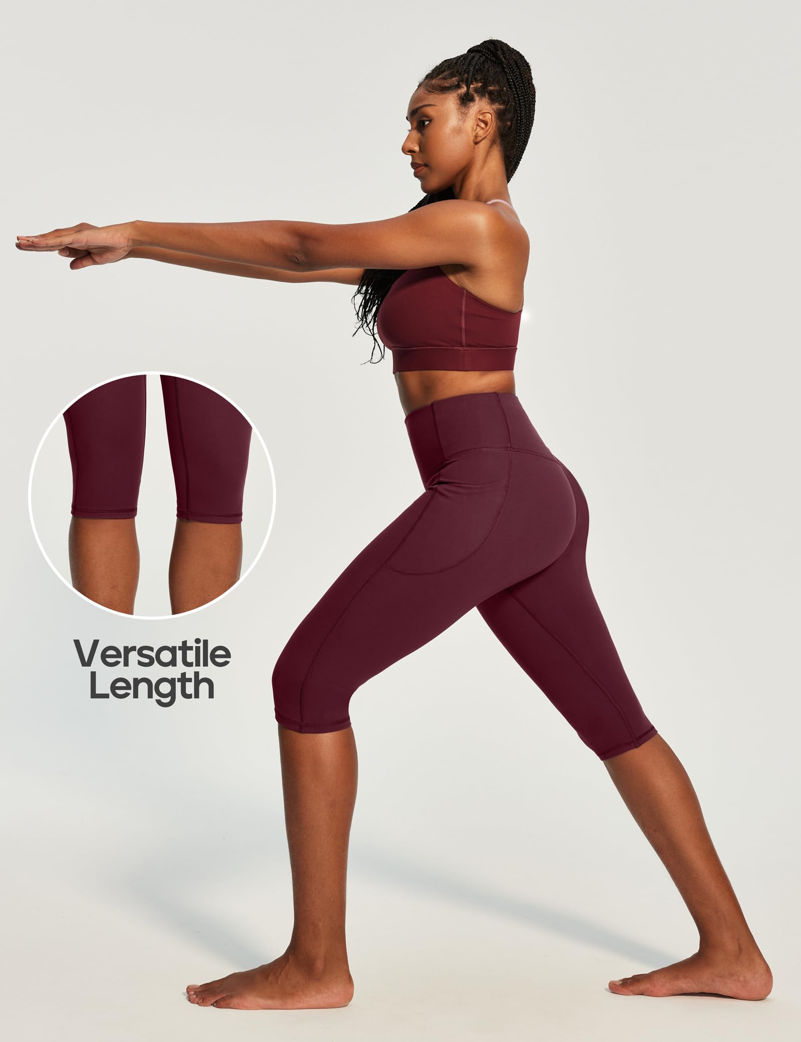 Heathyoga Capri Leggings with Pockets for Women Tummy Control Knee Length Leggings Yoga Pants Women Capri Pants Workout: Wine Small