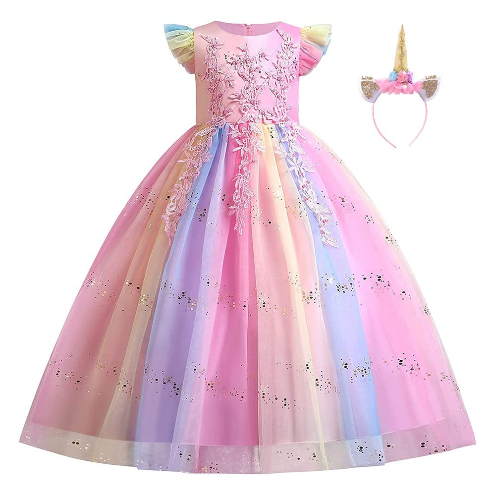 IZKIZF Girls Unicorn Costume Princess Long Maxi Tulle Dress w/Headband Princess Birthday Party Halloween Cosplay Outfits Rainbow Pink 6-7T
