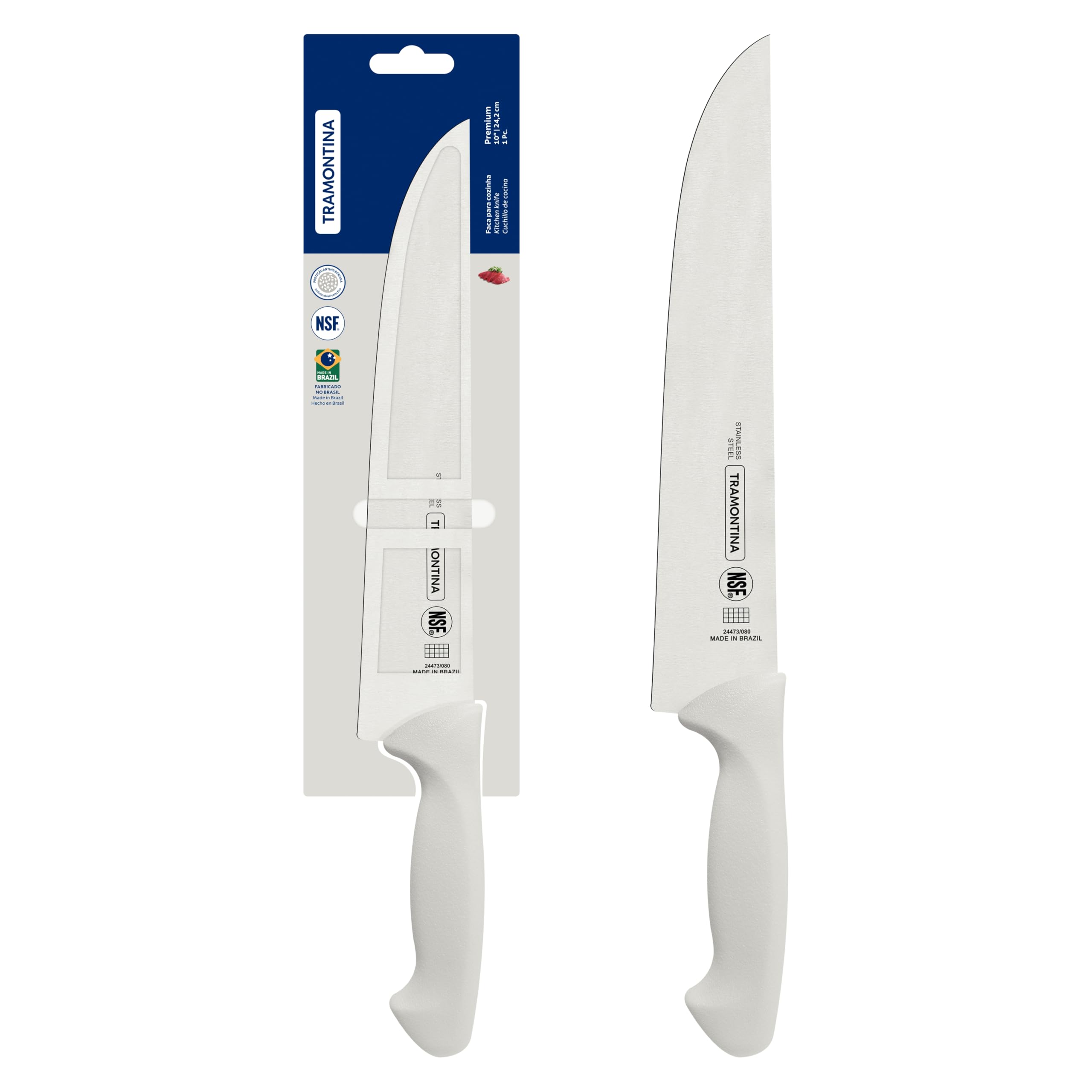 TRAMONTINA Premium 10-Inch Kitchen Knife – Stainless Steel Blade & White Polypropylene Handle – Heat-Treated Edge for Cutting Raw, Roasted & Cooked Meats, Dishwasher Safe