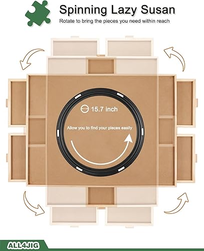 Vista 41 de ALL4JIG - Tablero giratorio para rompecabezas de 2000 piezas, bandeja giratoria de madera de 29.6 x 41.3 pulgadas, 6 cajones y cubierta, mesa para 6