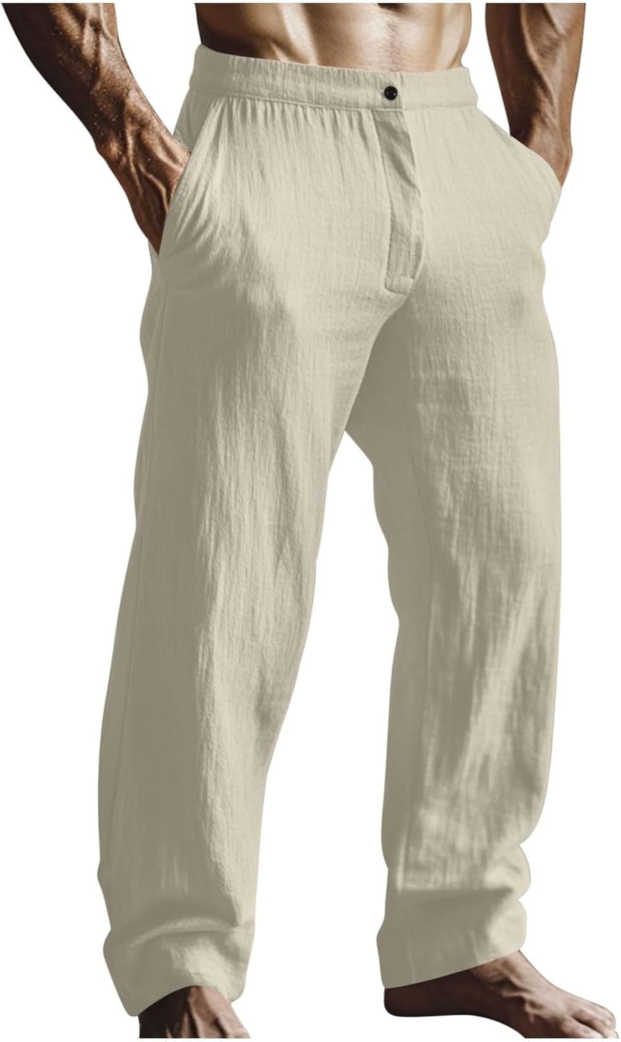 Men's Linen Pants Summer Casual Elastic Waist Flat Front Beach Pants Relaxed fit Comfy Yoga Lounge Pant with Pockets