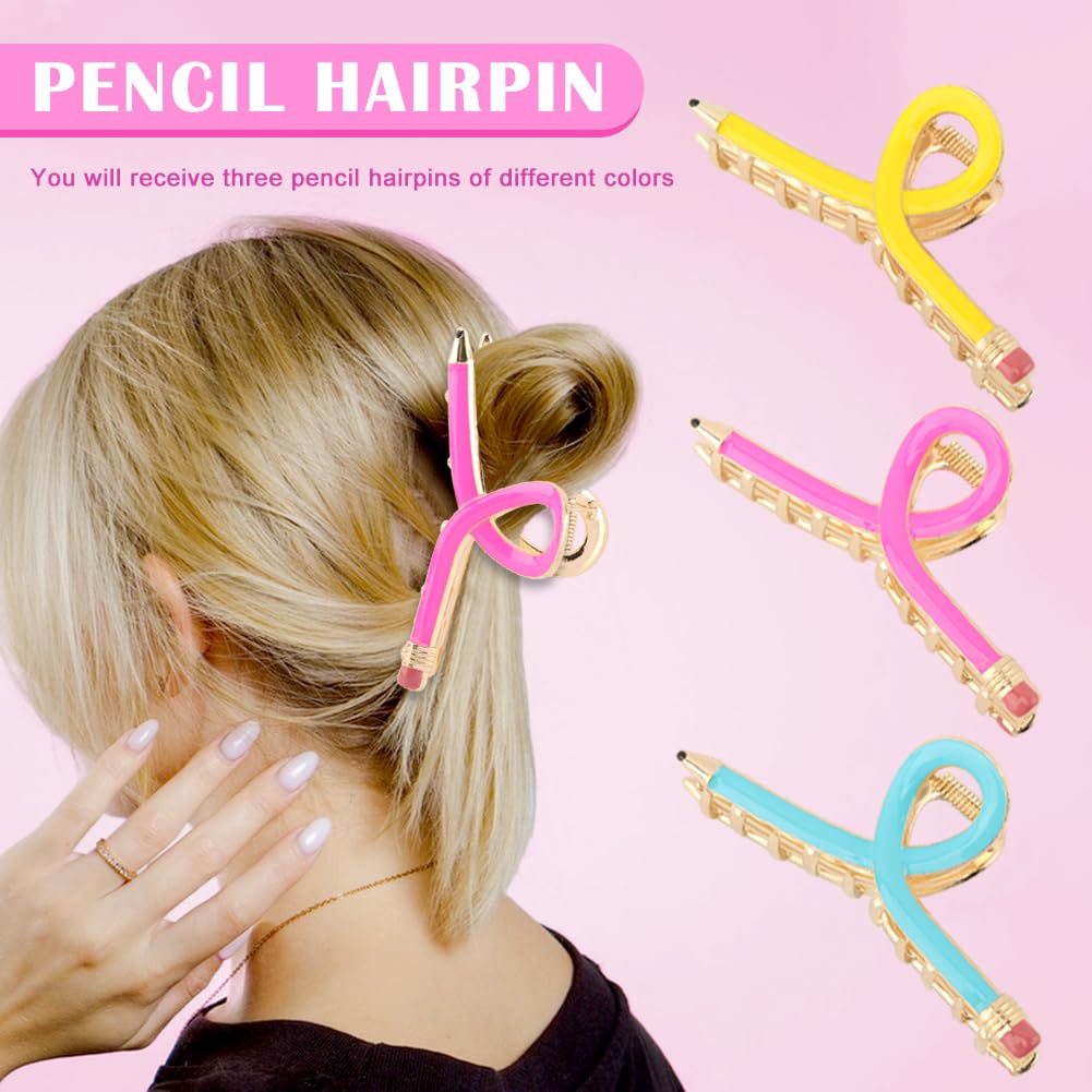 Pencil Hair Clips for Teachers, 3 Pack Cute Teacher Claw Clip with Strong Hold for Thick-Hair, Teachers Appreciation Hair-Clip Gift for Women & Mom(3 colors)