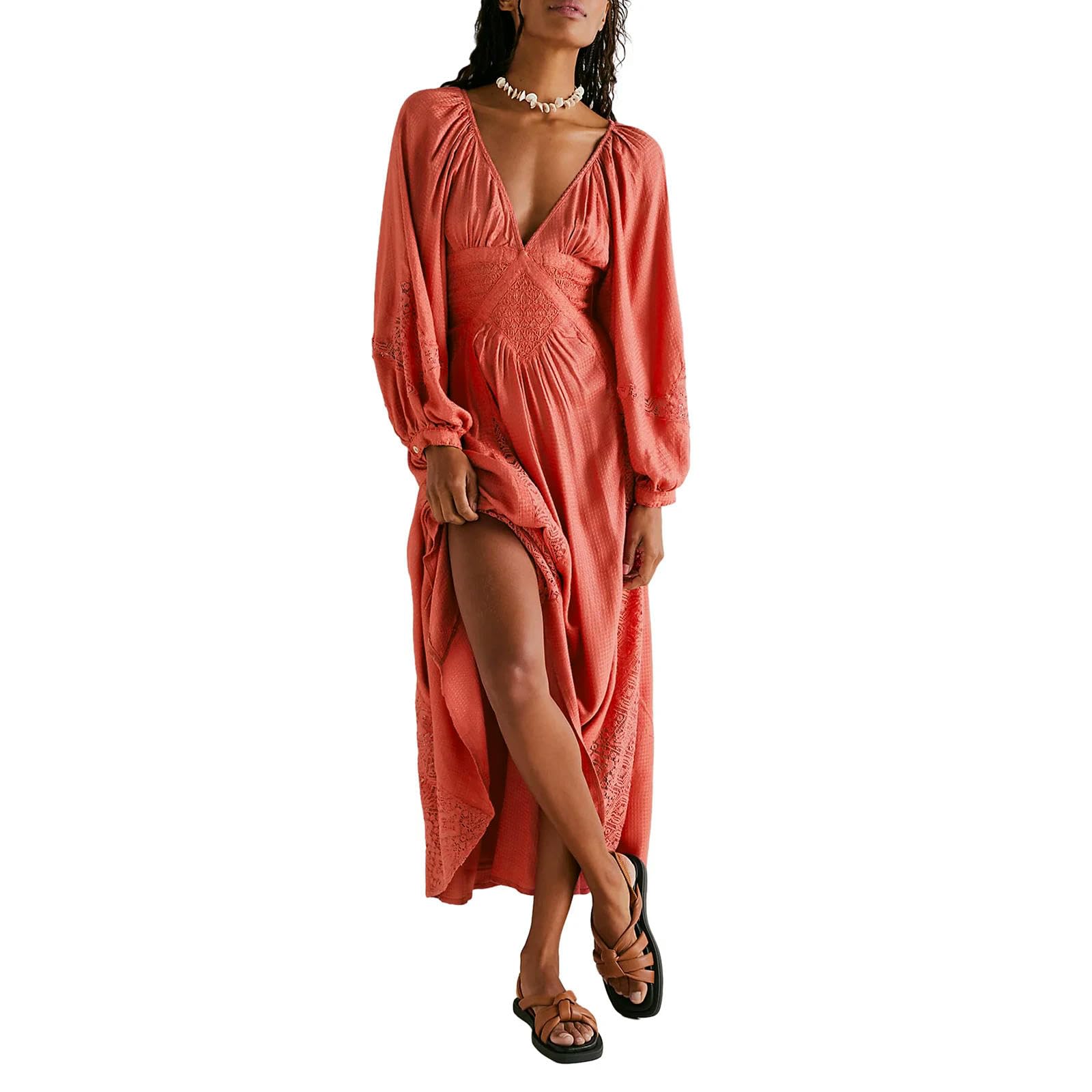 Abito Lungo in Pizzo da Donna, Elegante e di Alta qualità, con ma Lunghe a Sbuffo, Abito da Festa, Vita Regolabile sul Retro, Scollo a V, Abito Ampio e Ampio-Rosso Anguria-L