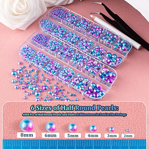 4000 Pcs Half Round Pearls And Rhinestones, Flat Back Blue Mermaid Half Pearls And Clear Round Crystal Gem Kit With Tweezer And Pickup Pencil For Nail Art And Diy Decoration #TOP1