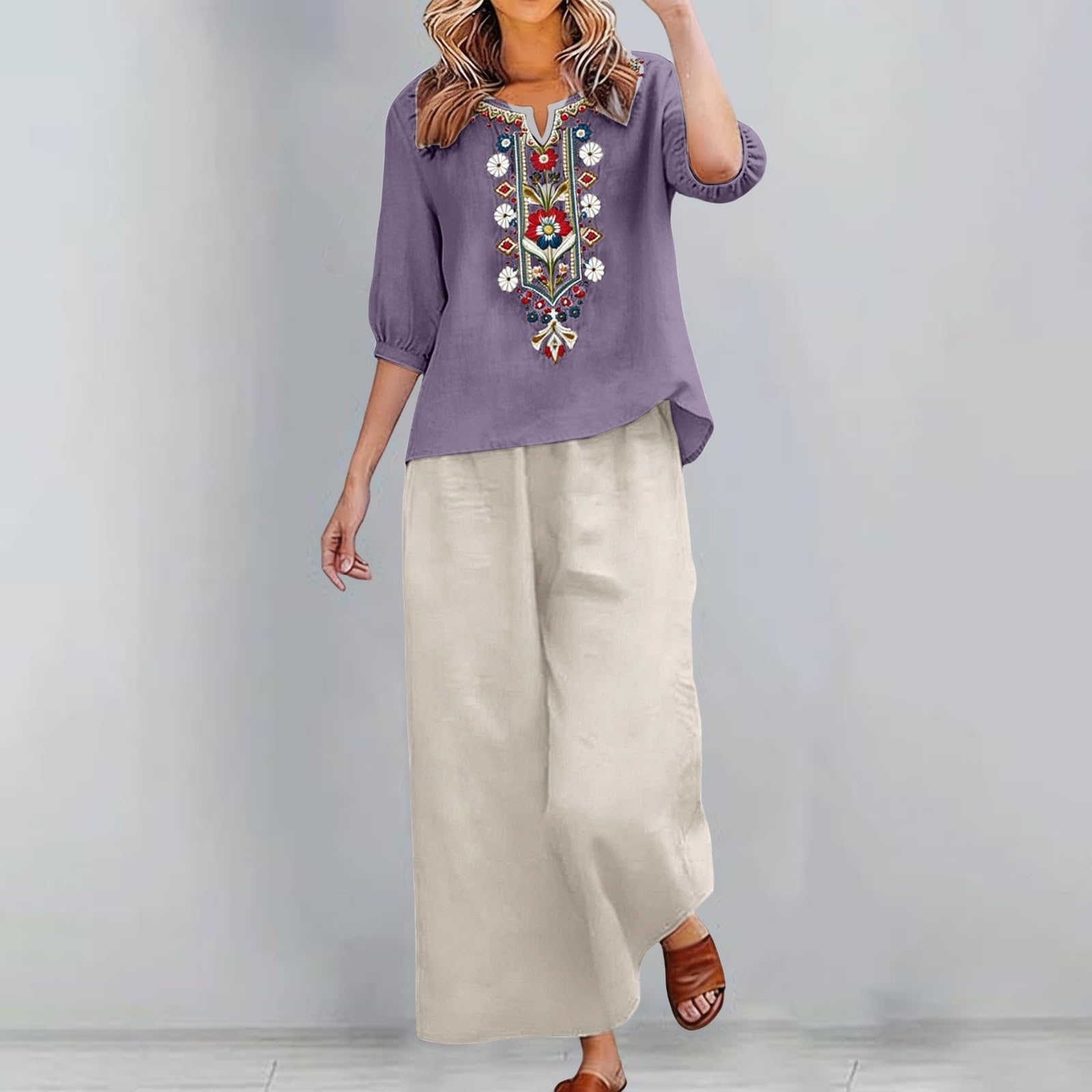 riou Conjunto Mujer Verano 2 Piezas Original Moda Algodon y Lino Traje de Primavera Ligero Chándal Blusa Manga 3/4 Pantalones Ropa de Playa Vacaciones Deportivo Casa Trabajo M-3XL