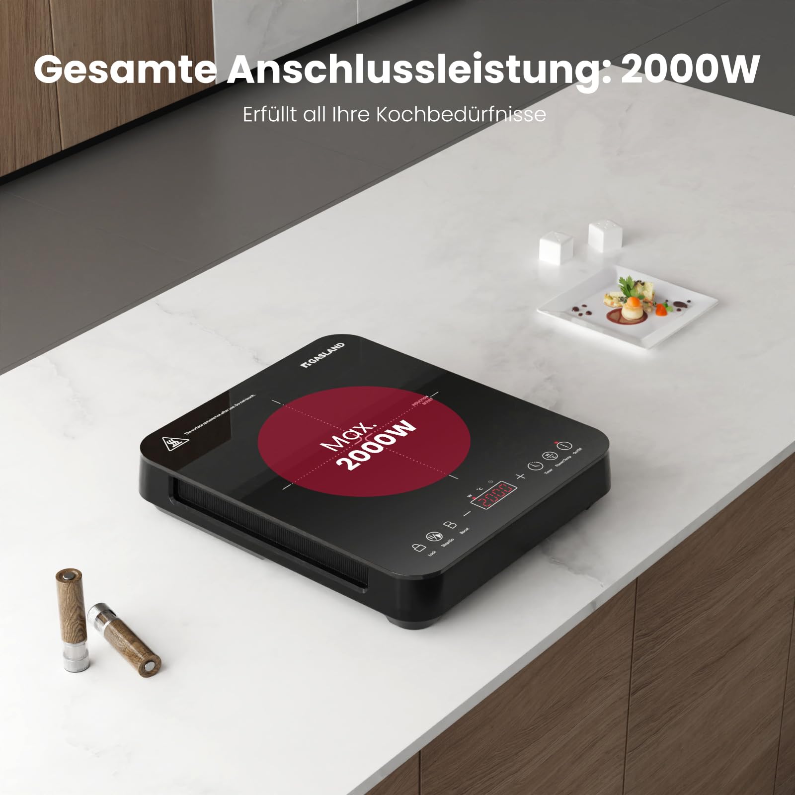 GASLAND IH271BTA Induktionskochfeld 1 Platte, Einzel Induktionskochplatte 2000W, 27 cm Kochplatte Induktion mit 3-Stunden-Timer, 10 Temperaturstufen, 10 Leistungsstufen, Sicherheitsschloss, Schwarz