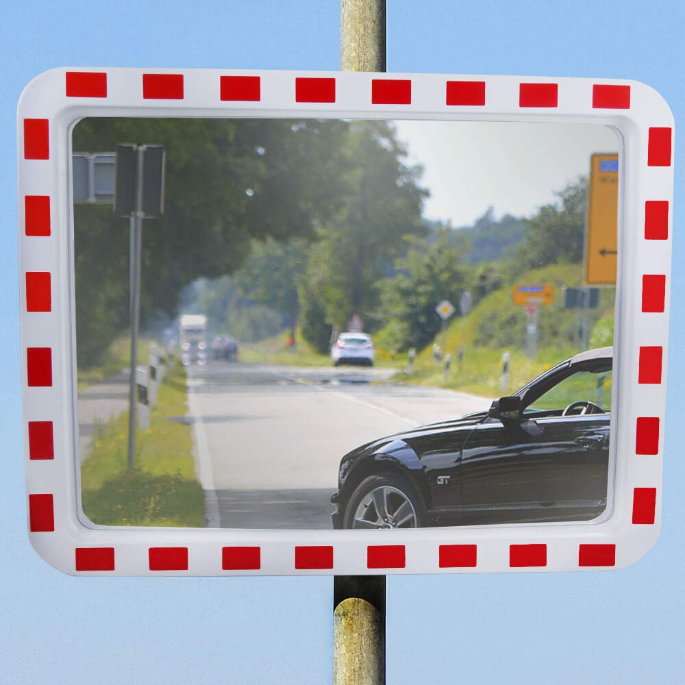 Verkehrsspiegel MIRAC, Acrylglas, rot/weiß, rechteckig, 80 x 60 cm aus Glas, Kunststoff, Stahl, Art.-Nr. 60471 | Sicherheitsspiegel | Straßenspiegel