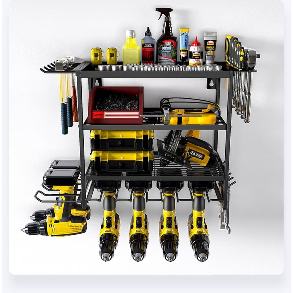 Zstar Soporte de pared para herramientas, organizador de taller para 8 herramientas eléctricas, soporte de herramientas de 4 niveles con destornillador para garaje, taller de coche, 60 x 24,5 x 41,5