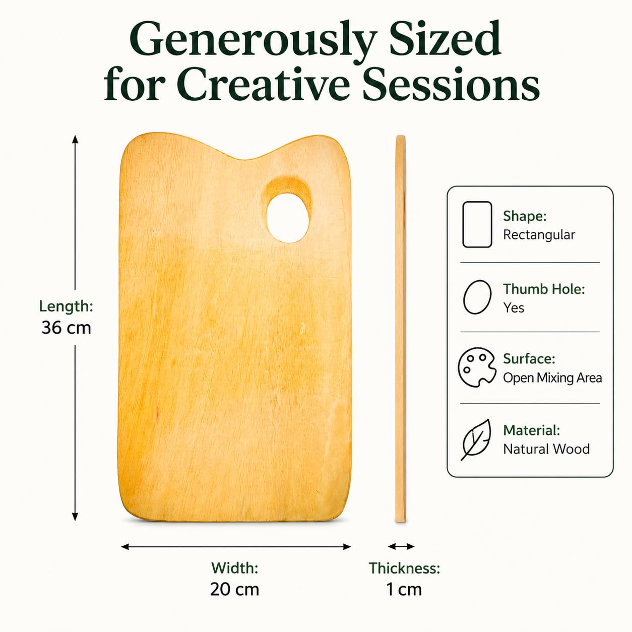 ArtRight Wooden Rectangular Painting Palette - Handmade Paint Palette with Thumb Hole for Acrylic, Oil, Gouache Watercolor Painting - for Professional Artists, Art Enthusiasts & Kids 2