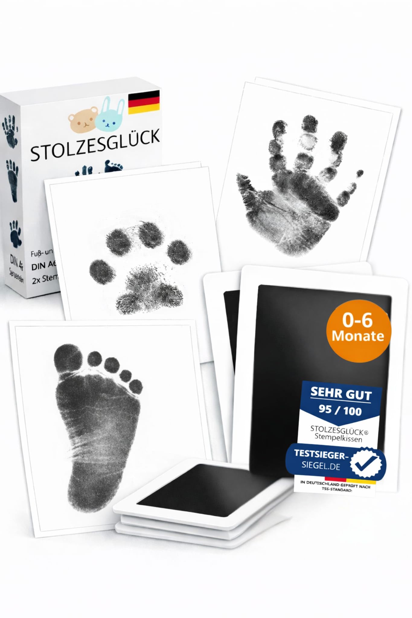 STOLZESGLÜCK Baby Hand- & Fußabdruck Set, 0-6 Monate – Abdruckset ohne Farbe, Sicher & Sauber – inkl. 50 digitale Vorlagen, 2 Stempelkissen & 4 Abdruckkarten – Baby Abdruck Set als Geschenk zur Geburt