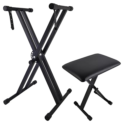 Shongbluu Piano Keyboard Stand and Bench Set, Double-X Keyboard Stand Adjustable Digital Piano Stand with Lockable Straps, (Piano Keyboard Stand x 1, Piano Bench x 1)