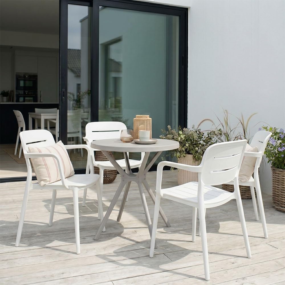 SIEDITI FUORI E DENTRO Sedie da esterno, giardino in resina con fibra di vetro impilabili, con braccioli, moderne Dora (4 sedie con braccioli, Bianco)