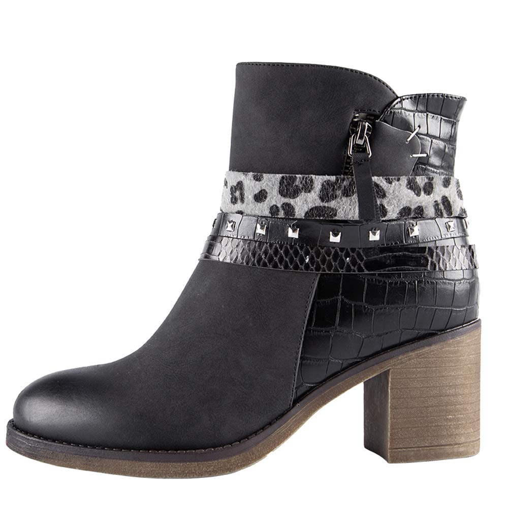 Women Snakeskin Ankle Boots Low Heel Buckle Straps Ladies Chunky Heels Booties