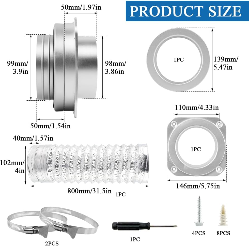 Magnetic Dryer Vent Coupling Connector Kit,Dryer Vent Connector Set Aluminum Alloy,Quick Connect,Easy to Install,Installation Accessories Including a 3.3ft 4" Duct and 2pcs Clamps