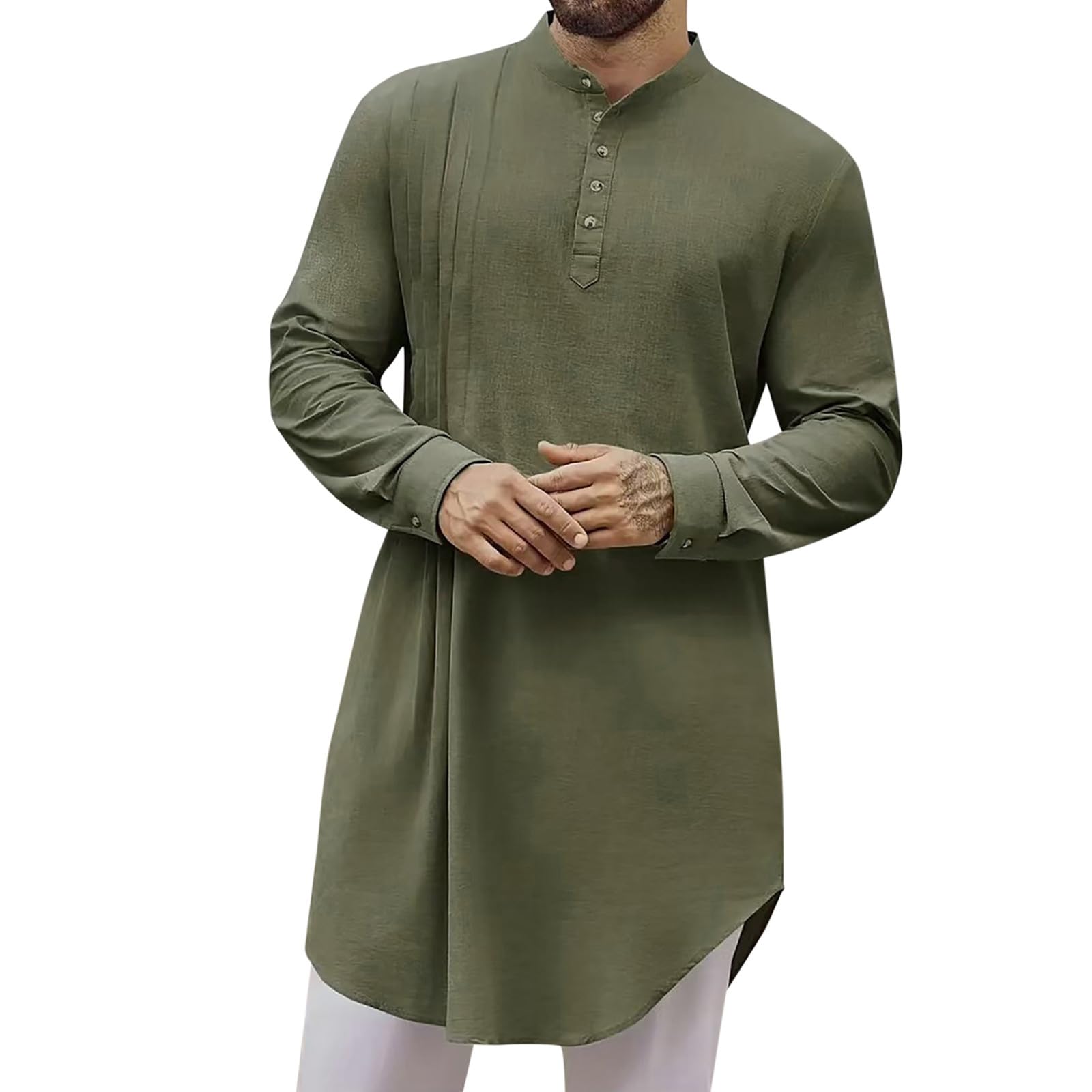 Caftan à manches longues pour homme - Robe musulmane d'été cool Jilbab - Vêtement islamique - Robe arabe marocaine afghane - Longueur moyenne - Couleur unie - Jilbab - Rétro - Coupe ajustée