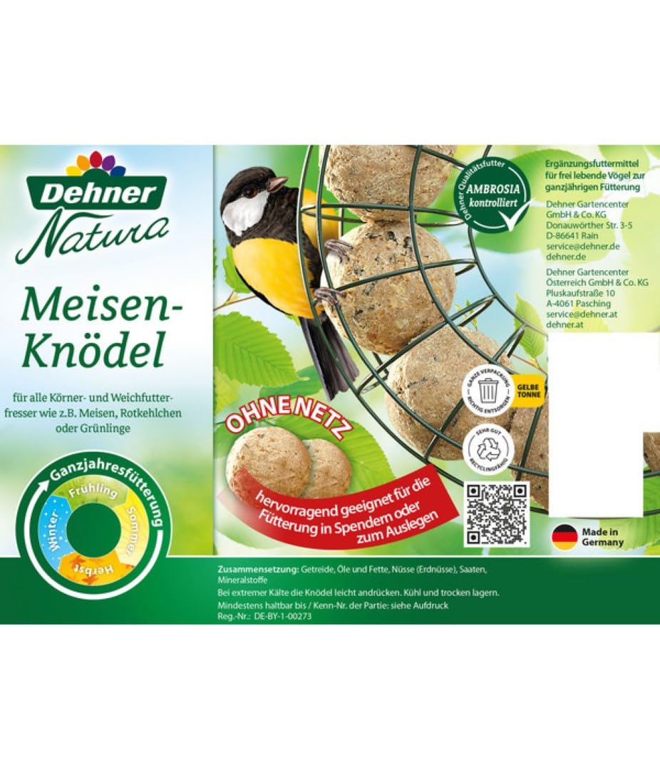 Dehner Natura Vogelfutter | Wildvogelfutter | Meisenknödel ohne Netz | energiereiches Premium Ganzjahresfutter | Fettfutter mit Nüssen | für Meisen und Rotkehlchen | im Vorratseimer | 100 Stück | 9 kg