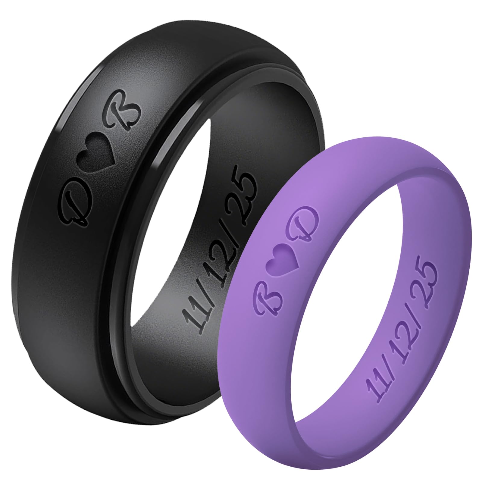 Ckchilie 2Pcs Personalized Silicone Wedding Bands for Couples 5MM+8MM, Custom Breathable Rubber Rings for Women Men, Promise Ring for Couple Engrave,
