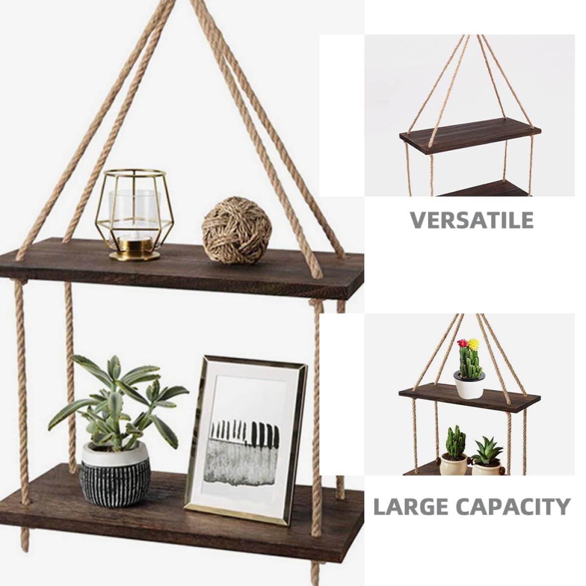 Mensole Sospese a Parete Boho in Legno Nero Corda di Juta Set Doppio Porta Piante e Oggetti Decorativi per Soggiorno Camera da Letto e Studio Supporto Rustico Multifunzione