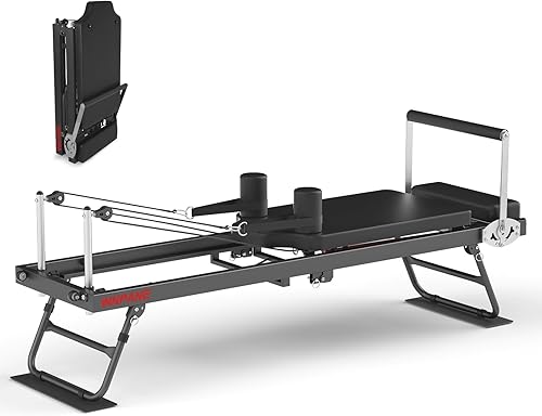 Miniatura 7 de Reformador de pilates plegable para uso doméstico máquina de pilates de marco de metal completo con bandas de resistencia ajustables multicolor,