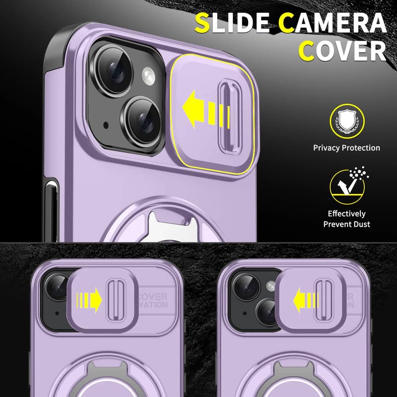 Image of LuxuryKase Shockproof Rugged Case for iPhone 14 Plus | Slide Camera Cover | 360 Rotating Ring Kickstand | Military-Grade Protection - Lavender Purple