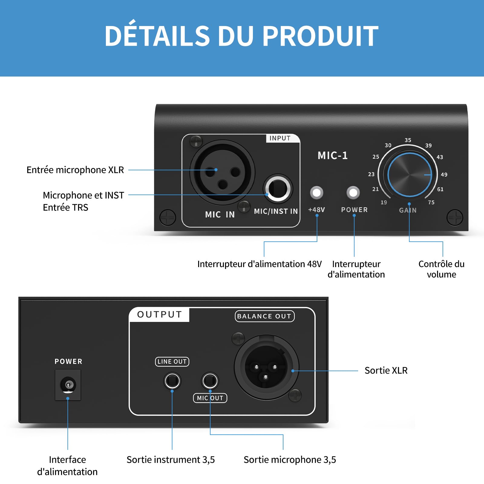 XTUGA XIC1 Préampli micro pour microphones dynamiques et à condensateur Booster avec 2 entrées Max 75db Gain 48V Phantom Power Sortie XLR