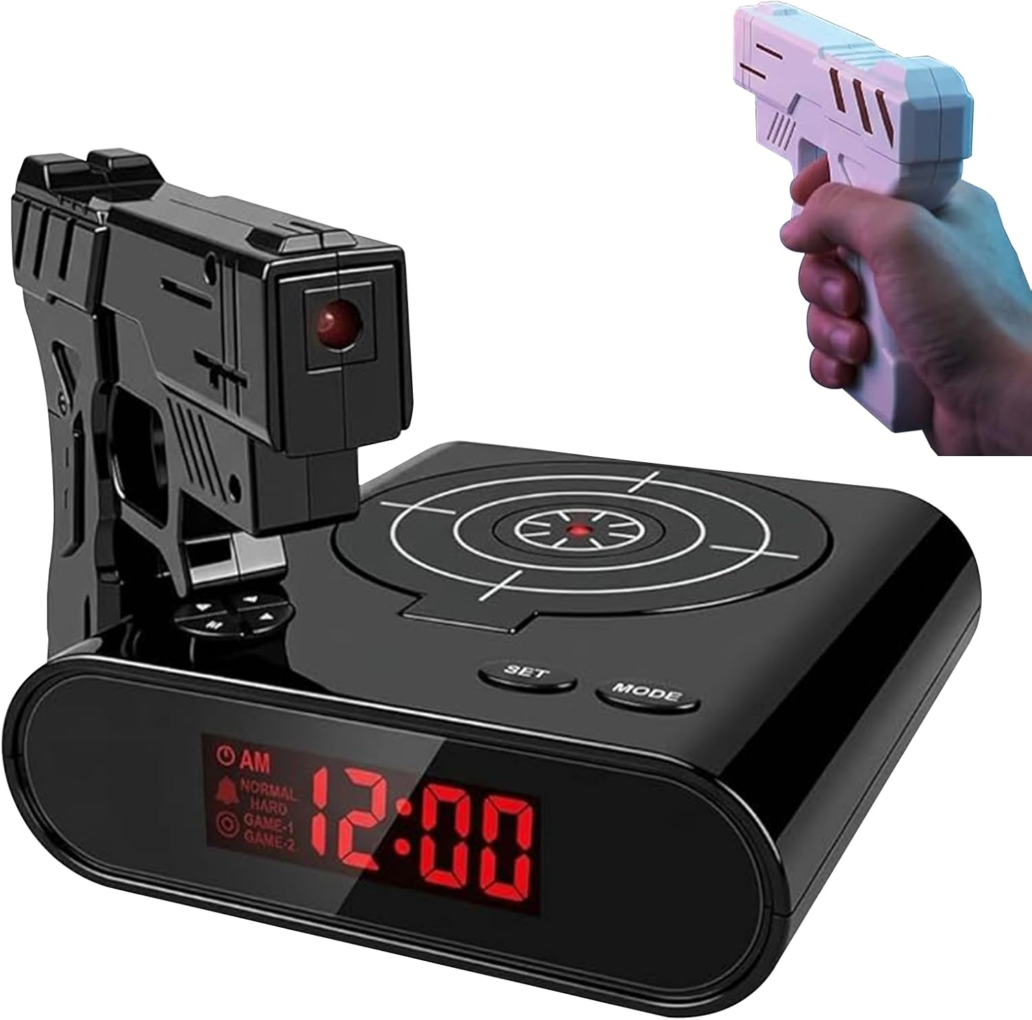 Gun and Target Wake Shot Alarm Clock LED Display with 2 Alarm Modes and Target Creative Shot Alarm Clock for Heavy Sleepers and Fun Alarm Clock Experience Black