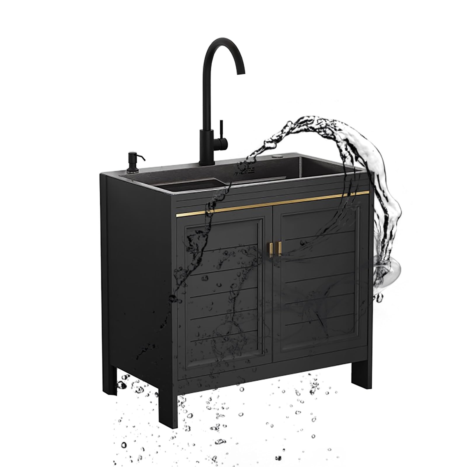 LMYSXAOZ Catering Sink Stainless Steel Freestanding Black Kitchen with Drainer Unit and Cold Hot Water Pipe Faucet Storage Shelves for Laundry Garage Indoor Outdoor. (Size : 25.5X17.7X31.4IN