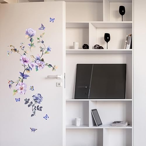 Miniatura 3 de hanlongyu Calcomanías de pared de flores moradas, calcomanías de pared extraíbles de flores frescas, despegar y pegar, calcomanías de mariposas
