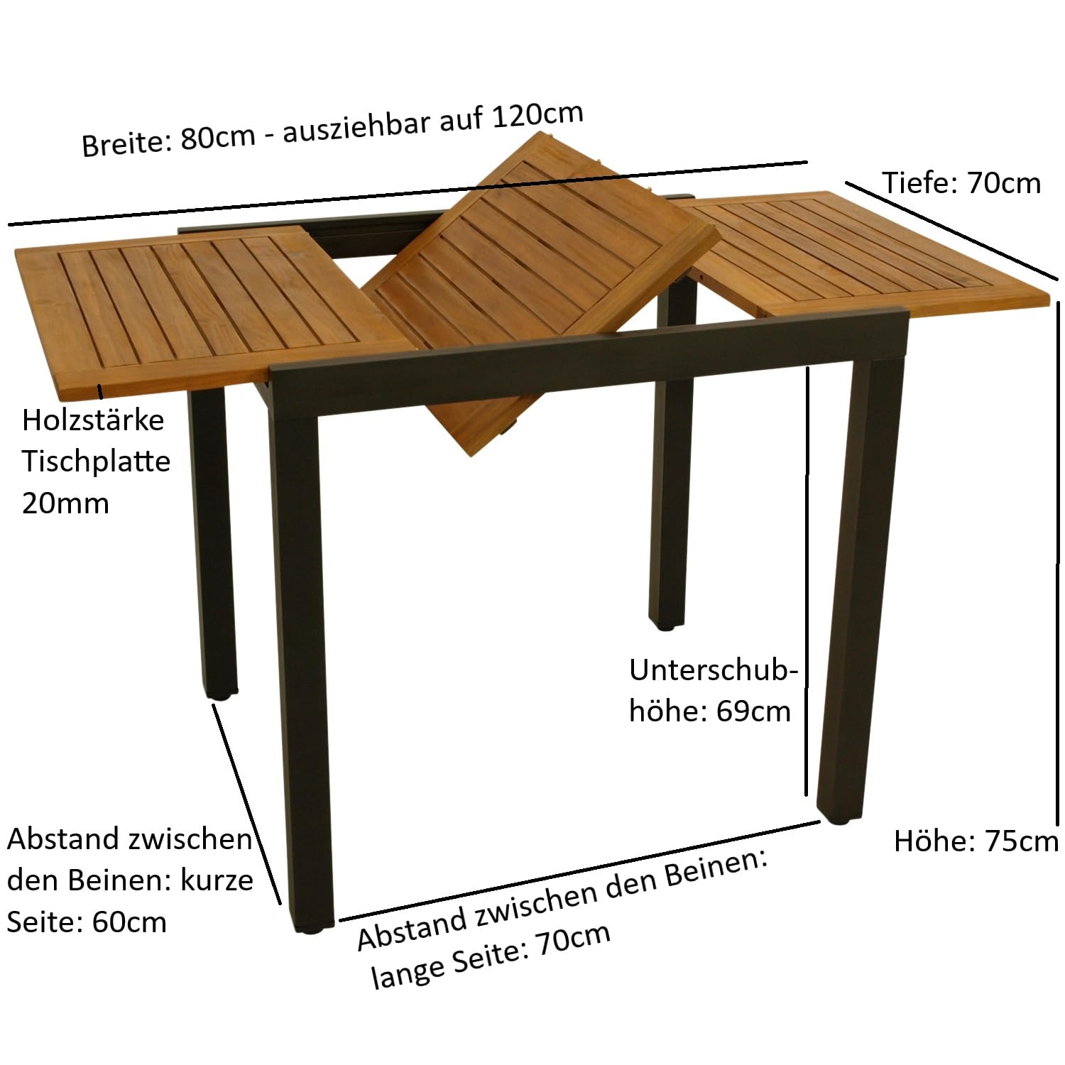 DEGAMO Gartentisch Balkontisch Vicenza aus Akazienholz und Aluminium, Ausziehbar 80/120x70cm, Anthrazit, FSC-Zertifiziert Garten