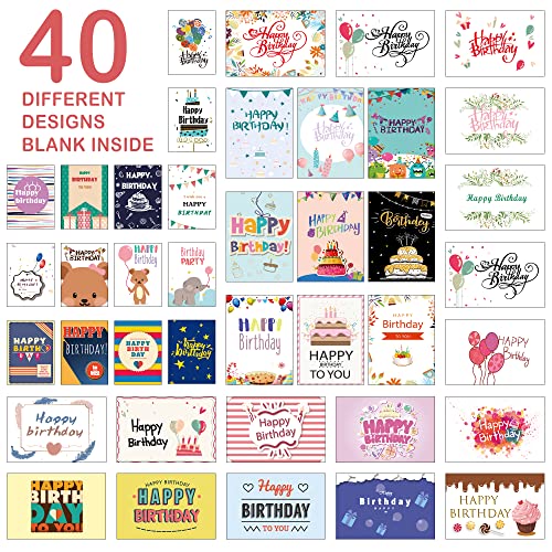 Image of feela Birthday Cards Bulk, 160 Pack 40 Designs Happy Birthday Card Assortment Box with 160 Blank Envelopes 168 Pieces of Stickers 6 Washi Tapes, 4 X 6 Inches Greeting Cards For Girls Family Friends