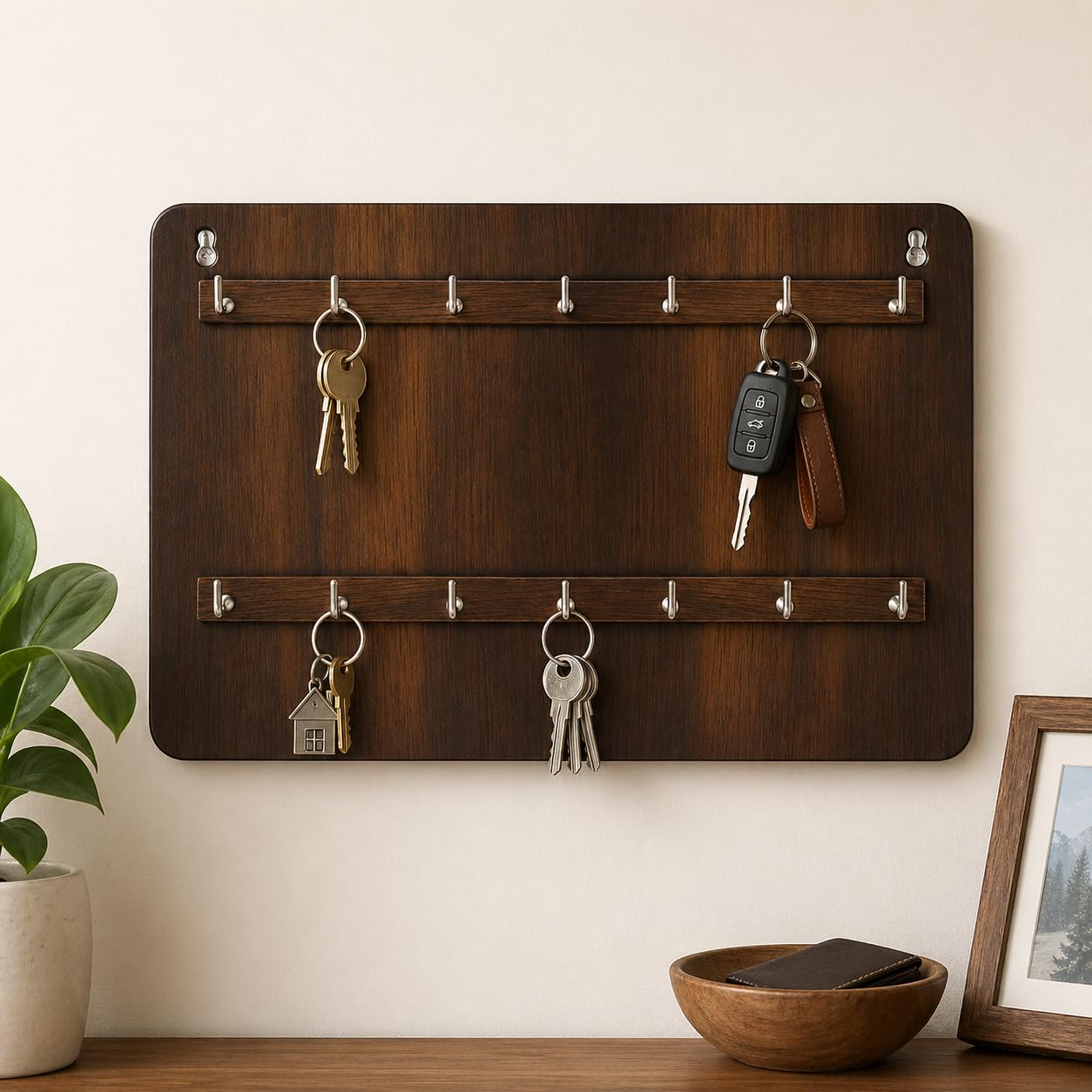 Wooden Key Holder Rack 14 Hooks Wall Mounted with 2 Screw Hooks & Screws Organizer for Home Office Brown Finish-image-38