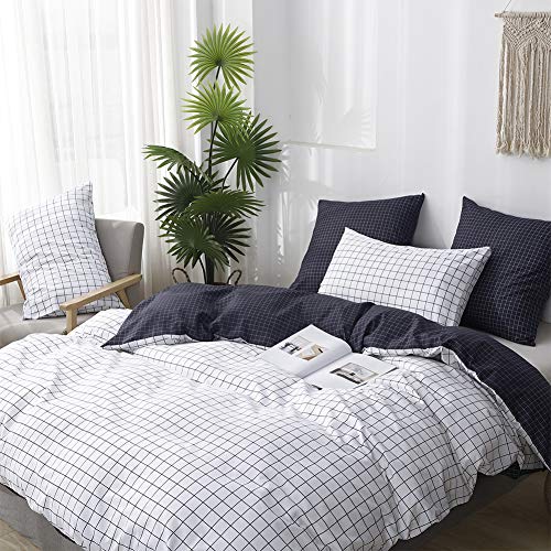 Freyamy - Juego de funda de edredón para cama doble, color blanco y gris a cuadros, reversible, 200 x 200 cm, con cremallera y 2 fundas de almohada de 50 x 75 cm Cover