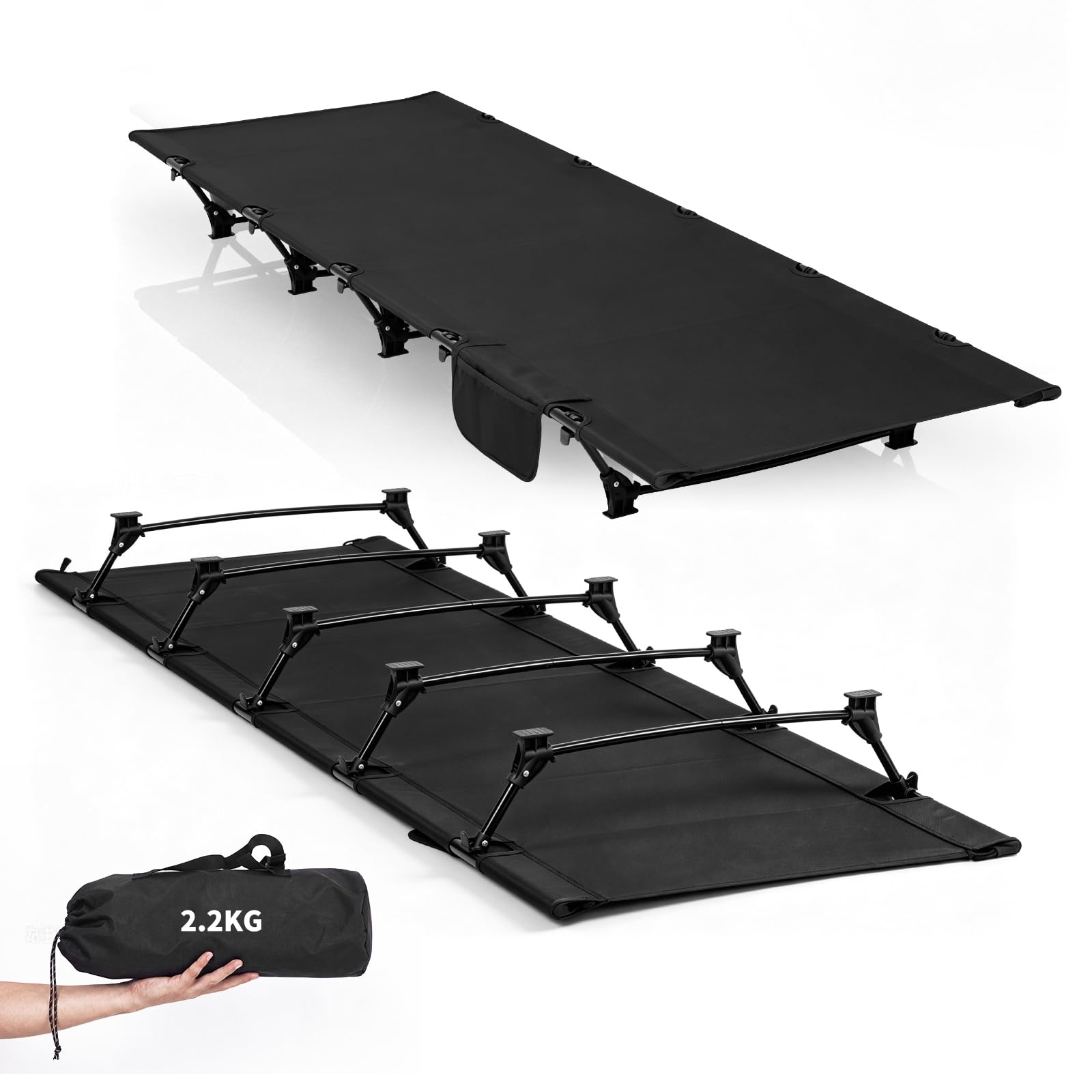 Feldbett Klappbar, Campingbett Ultraleichtes bis 150 kg Belastbar, Tragbar Campingbett Faltbar Feldbett mit Matratze Gästebett Klappbar mit Tragetasche & Seitentasche für Outdoor Camp Garten