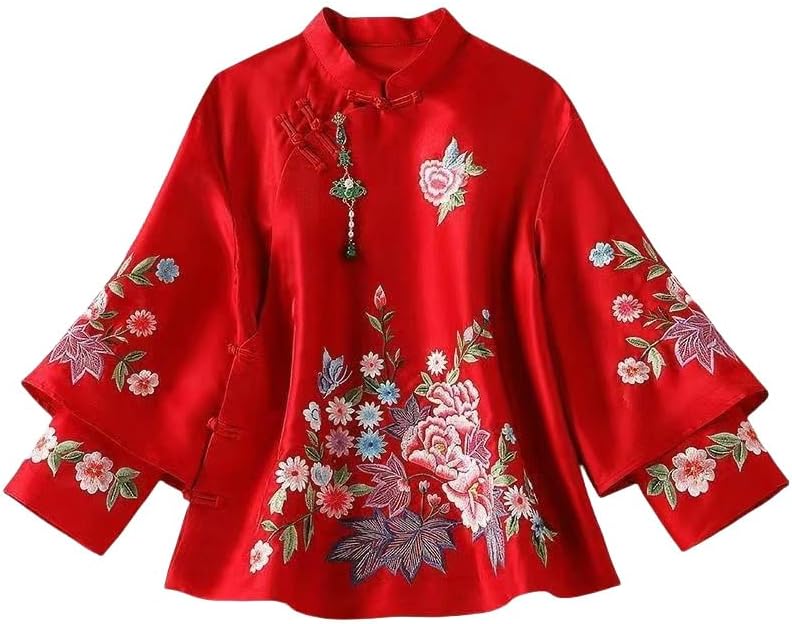 Women's Tang Suit Top Retro Asymmetrical Frog Button Embroidered Collar Cheongsam Blouse