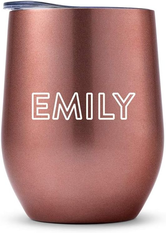 WEDDINGSTAR Personalized Stemless Travel Tumbler 12oz – Insulated Stainless Steel Wine Glass with Lid - Line Monogram - Rose Gold