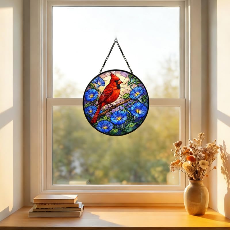 Stained Glass Window Hanging Suncatcher 7.8 in Red Cardinal and Blue Morning Glory Colorful Glass Panel Sun Catcher for Window， Window Hanging Decor for Home， Housewarming Gift